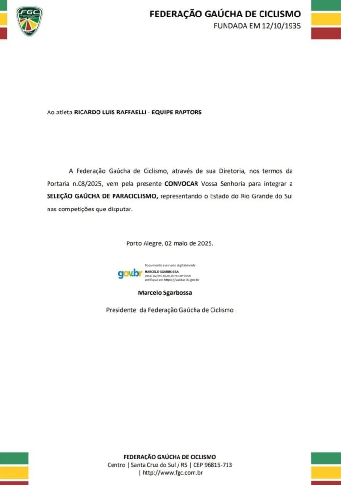 Ricardo Raffaelli é convocado para a histórica Seleção Gaúcha de Paraciclismo
