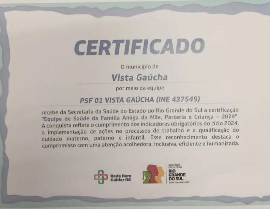 Secretaria Estadual da Saúde premia Vista Gaúcha por ações na saúde da mulher e da criança