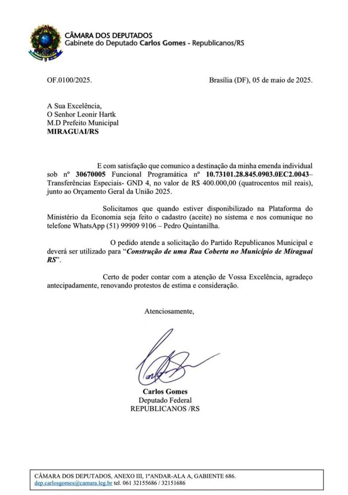 Deputado Carlos Gomes destina recurso federal para novo espaço público 