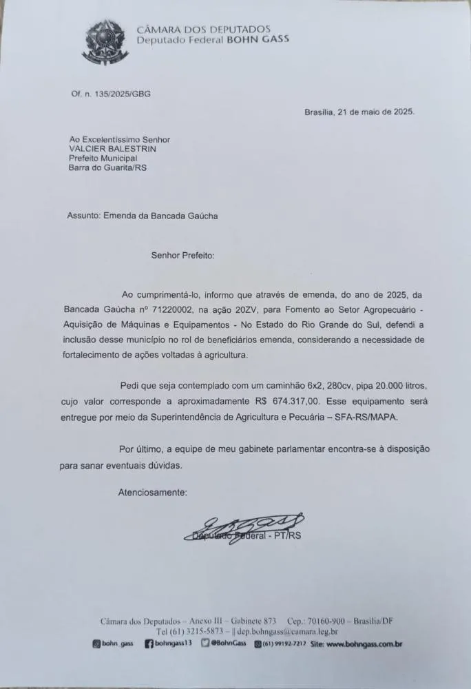 Emenda parlamentar beneficia agricultura em Barra do Guarita com novo caminhão