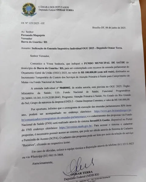 Município recebe emenda de R$ 100 mil para a saúde
