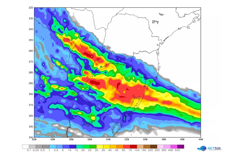 Mapa da previsão meteorológica com chuvas no RS a partir de sábado (15). Foto: MetSul