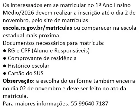 Inscrições abertas para o 1º ano do Ensino Médio na Escola Getúlio Vargas