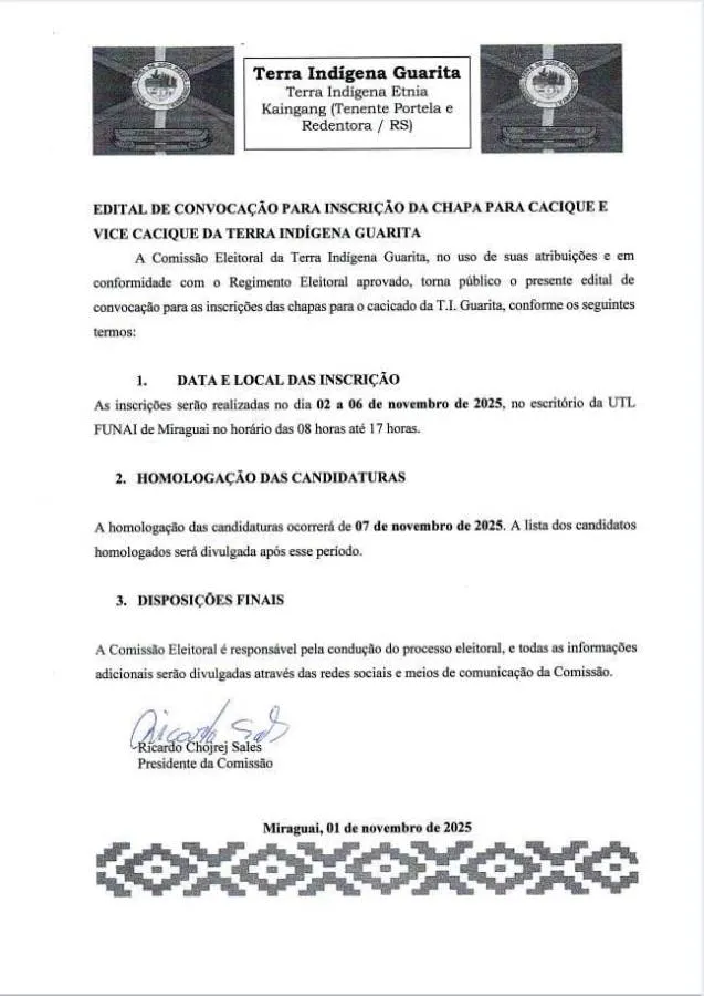 Comissão Eleitoral divulga edital de convocação para eleição de Cacique e Vice-Cacique da Terra Indígena Guarita