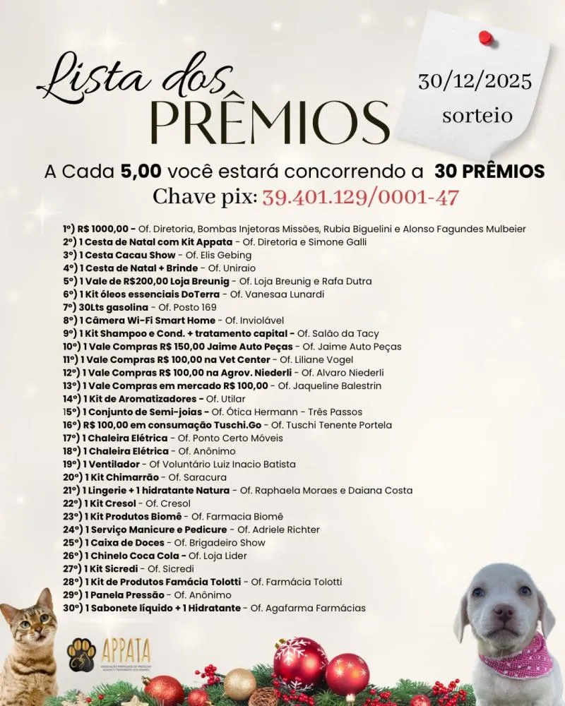 APPATA de Tenente Portela promove rifa para cuidar dos animais do município com 30 prêmios para os participantes