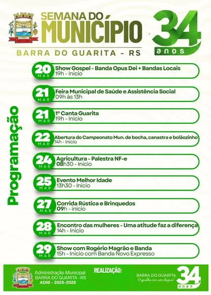 Barra do Guarita celebra 34 anos com programação especial de 20 a 29 de março