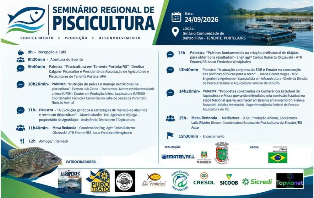 Seminário regional reúne produtores para discutir cadeia produtiva da tilápia em Tenente Portela