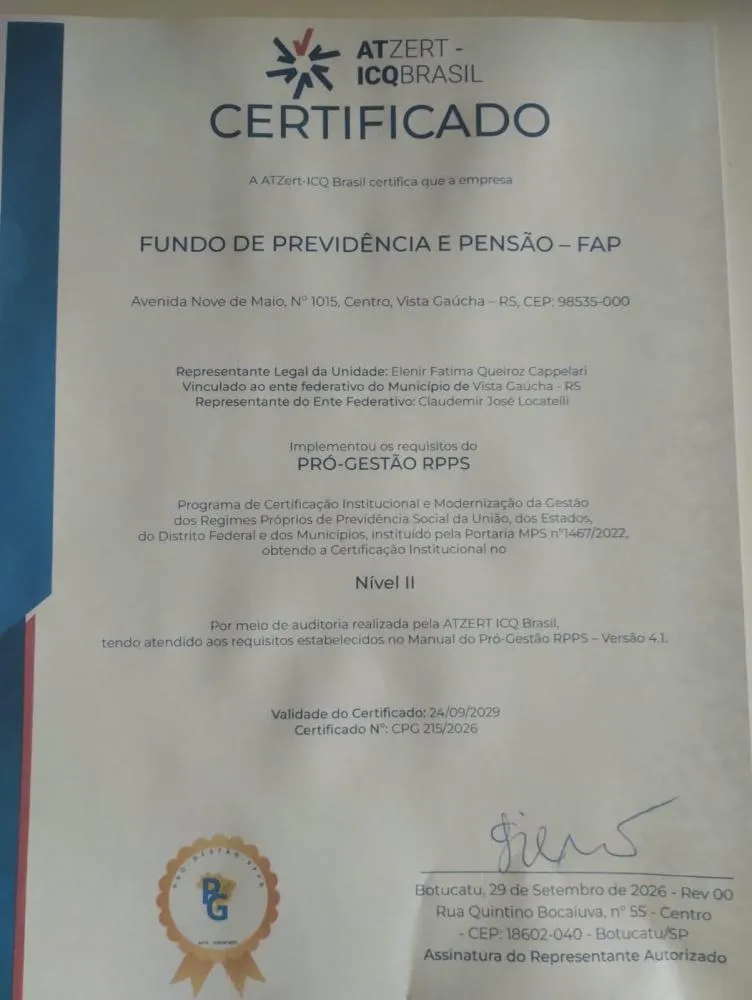 FAP de Vista Gaúcha conquista certificação Pró-Gestão RPPS – Nível II